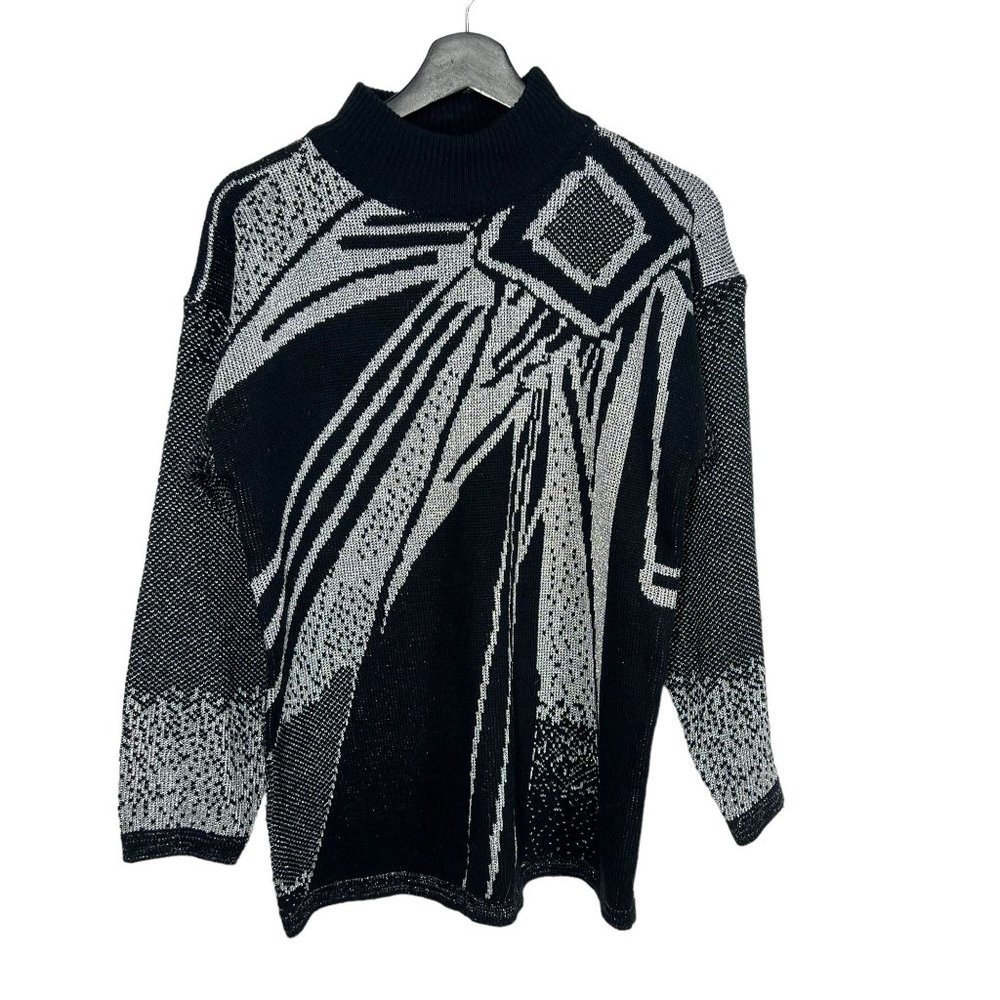 Vintage 90s Black Silver Abstract Pattern Mock Neck Pullover Sweater Large